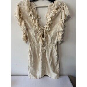 INDAH BOHO DEEP V RAW HEM RUFFLE LINEN BLEND MINI DRESS XS